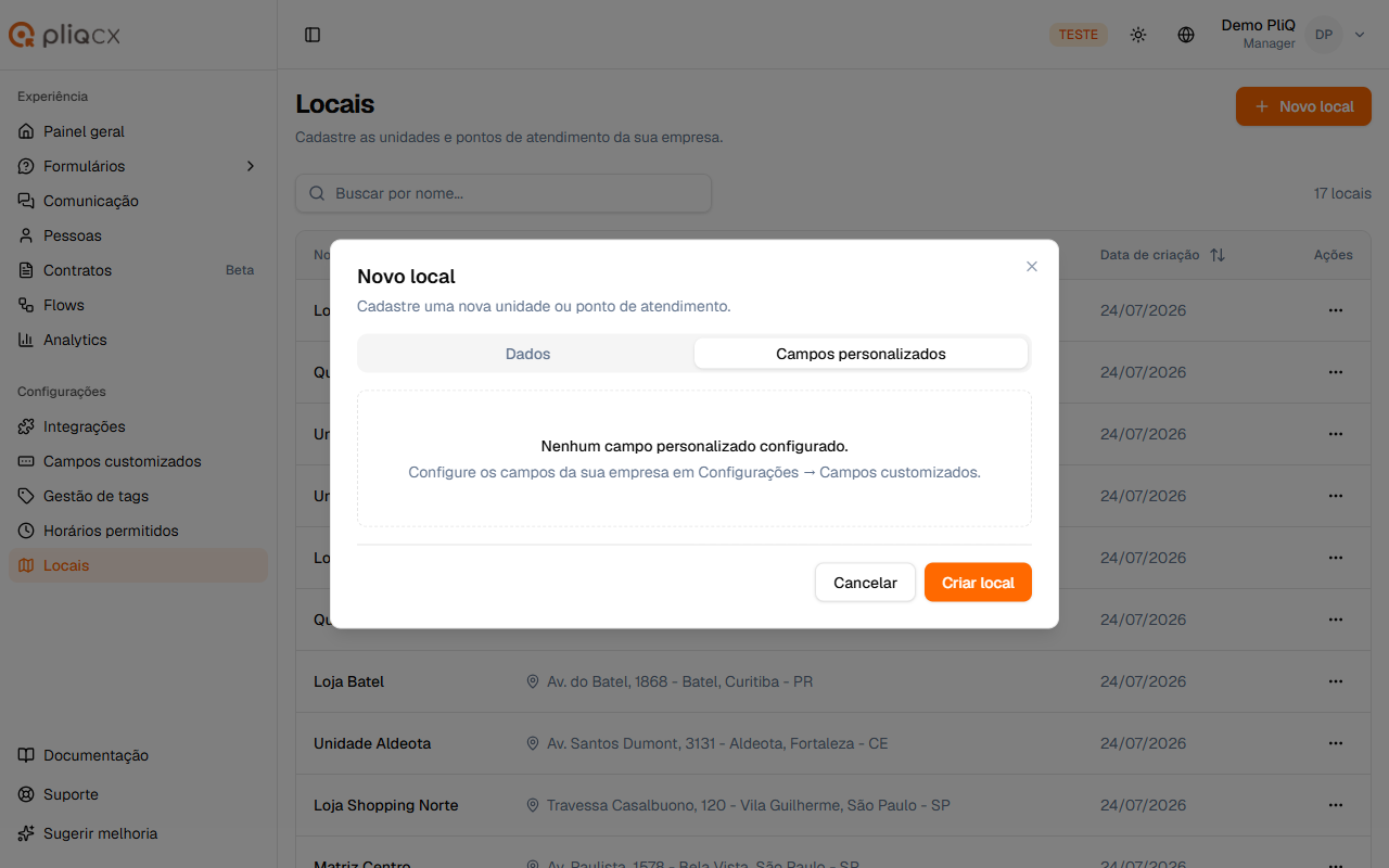 Aba de campos personalizados sem campos configurados