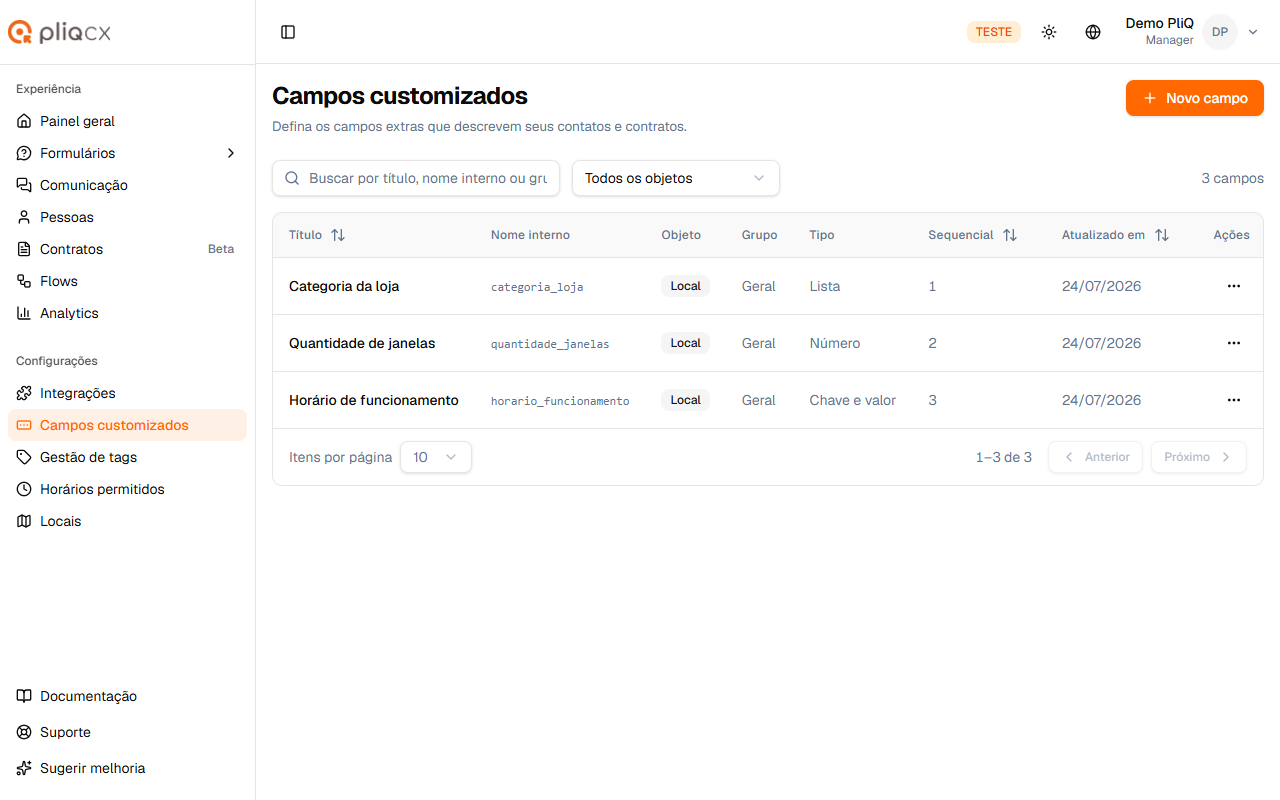 Lista de campos customizados