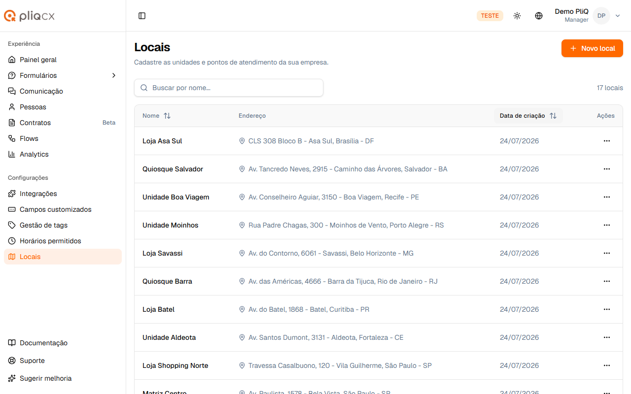 Tela de Locais com a lista de unidades