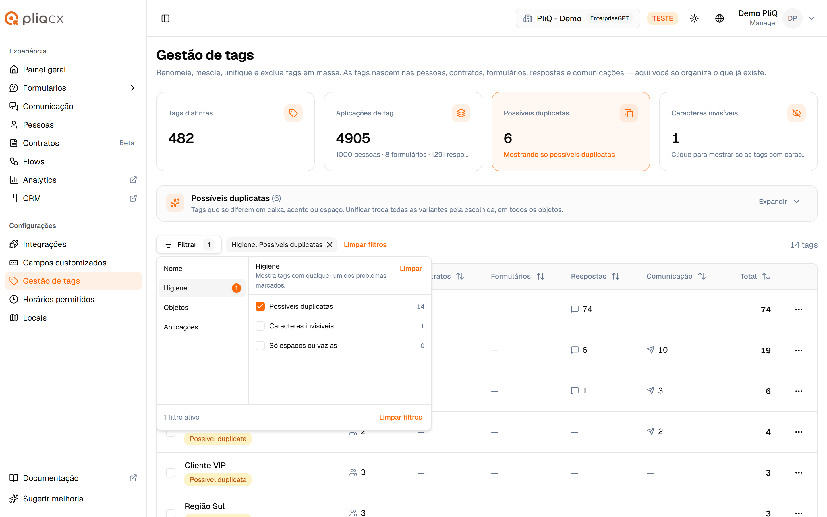 Painel Filtrar aberto na categoria Higiene, com Possíveis duplicatas marcada