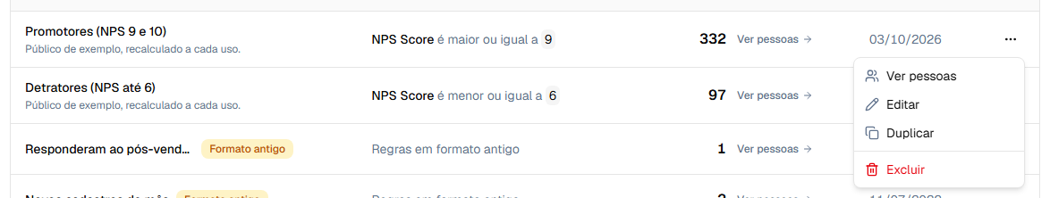 Menu de ações de uma segmentação