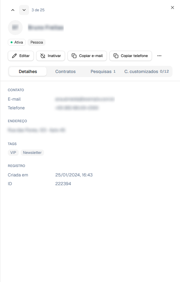 Aba Detalhes com os blocos do cadastro