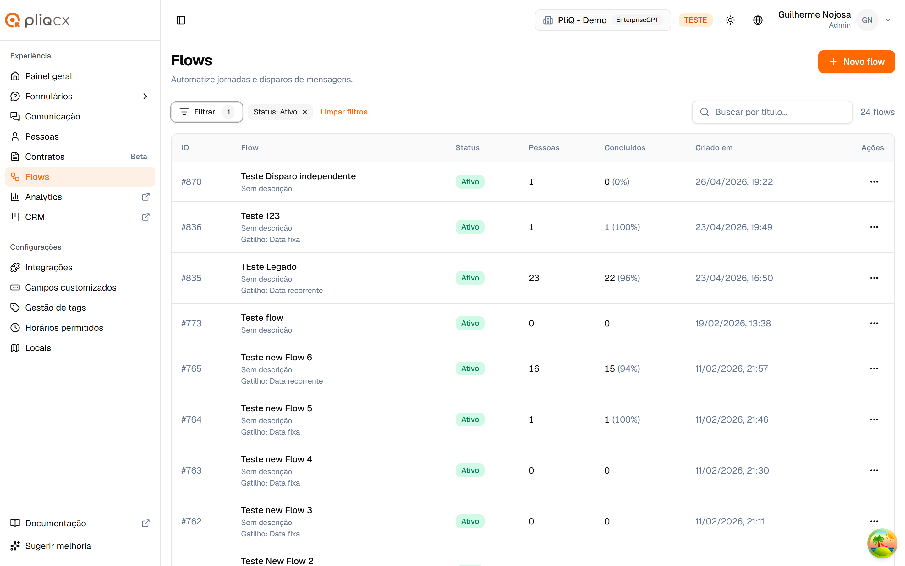 Lista filtrada por status ativo, com a etiqueta do filtro
