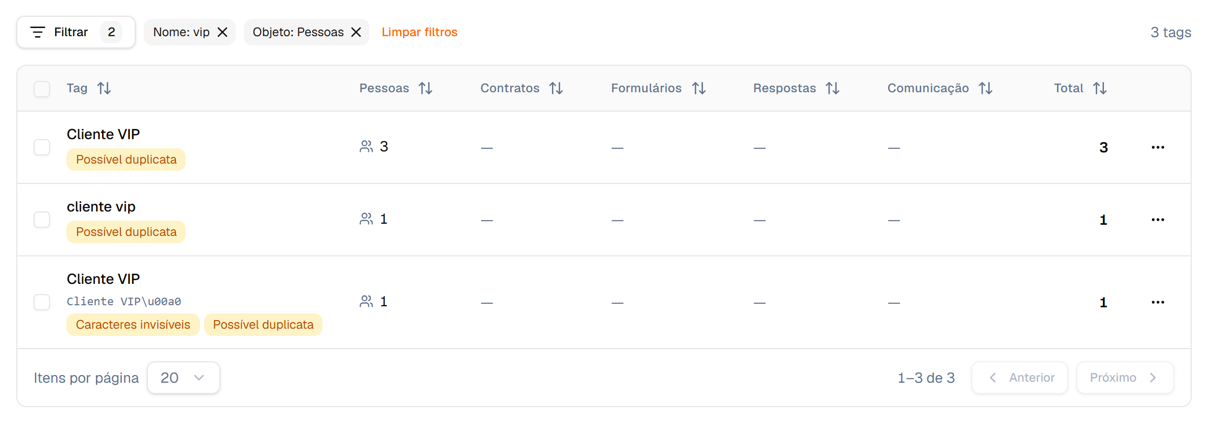 Lista filtrada por nome e por objeto, com as etiquetas dos filtros ao lado do botão Filtrar
