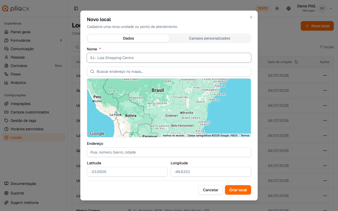 Janela de novo local com o mapa