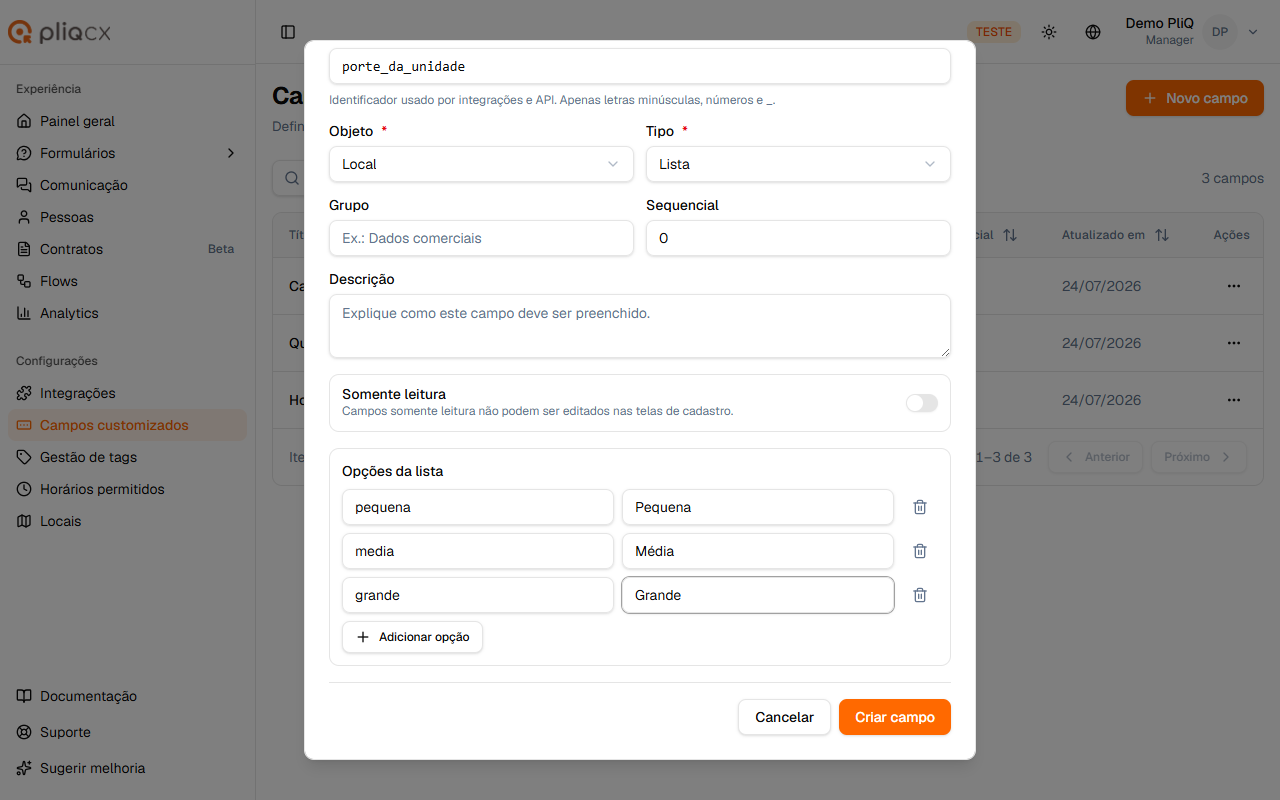 Editor de opções de um campo tipo Lista