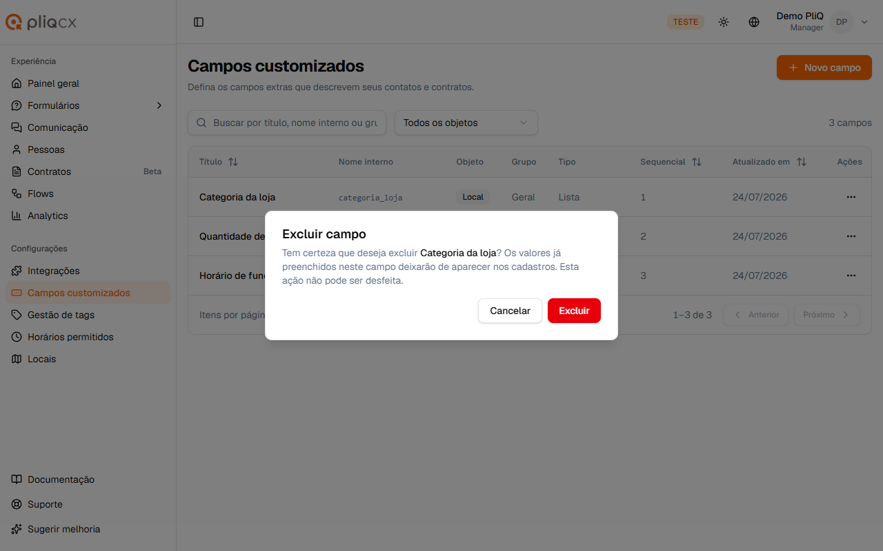 Confirmação de exclusão de campo