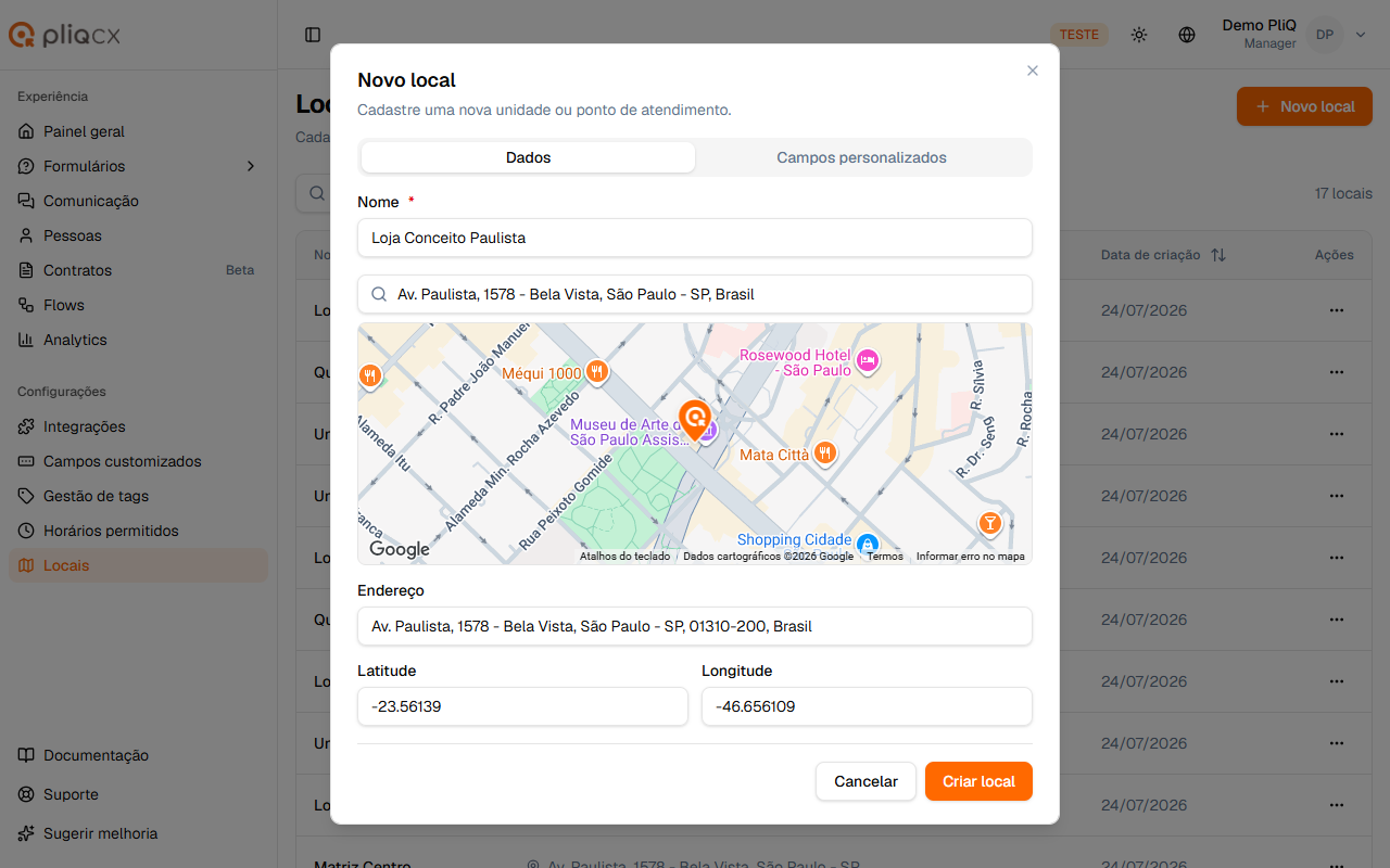 Endereço escolhido no mapa, com pin e campos preenchidos