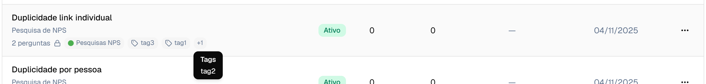 Tooltip listando as tags escondidas atrás do +1