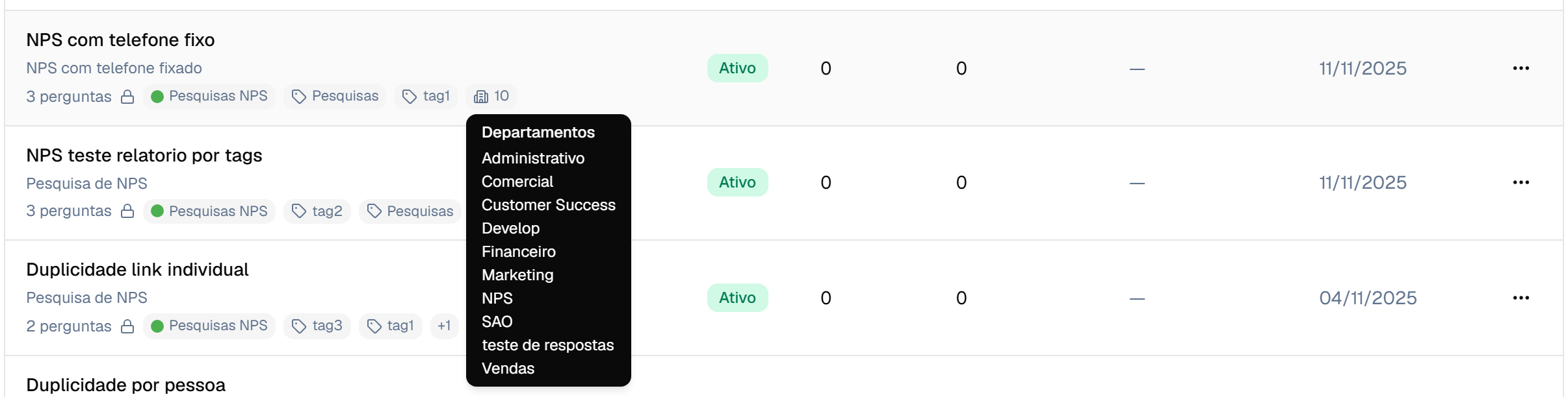 Tooltip listando os departamentos autorizados de um formulário