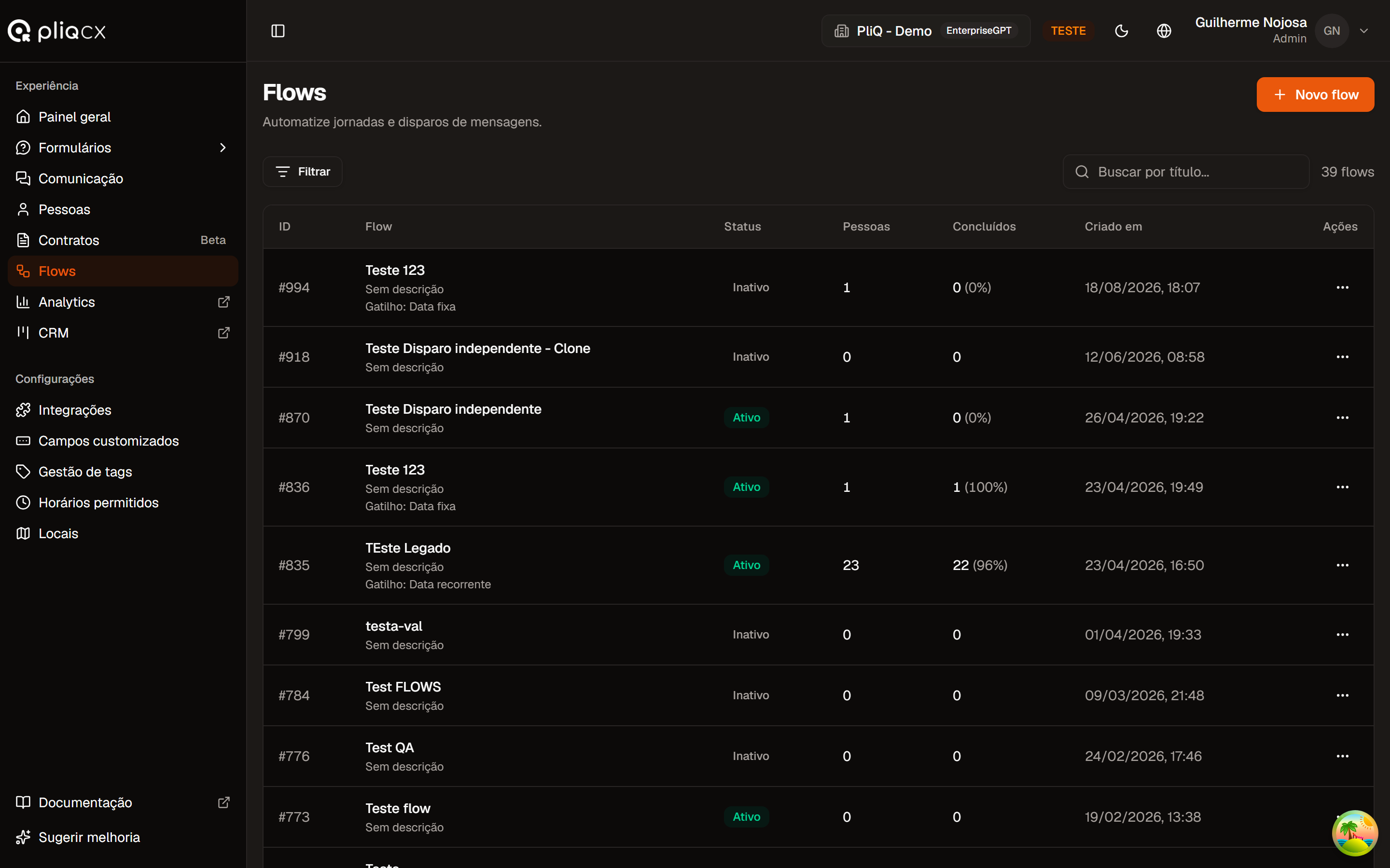 Lista de Flows em modo escuro
