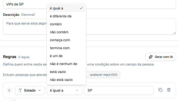 Operadores de um campo de texto