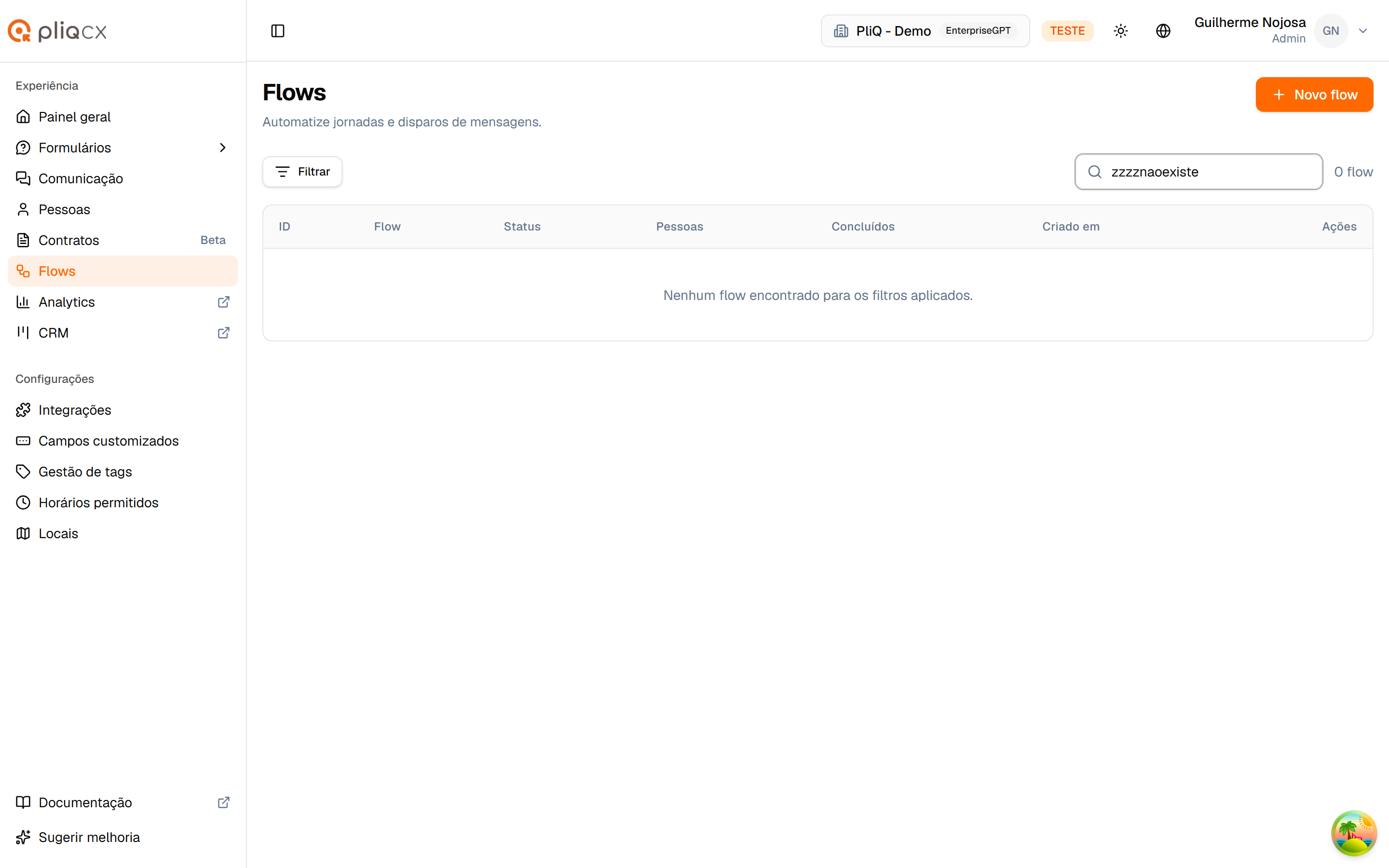 Lista sem resultado para os filtros aplicados