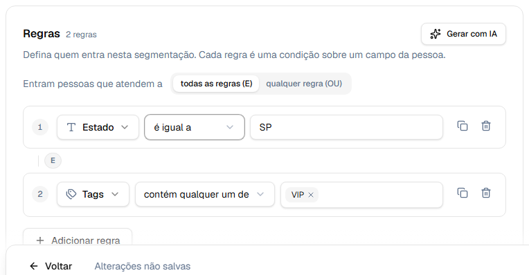 Escolha entre todas as regras e qualquer regra