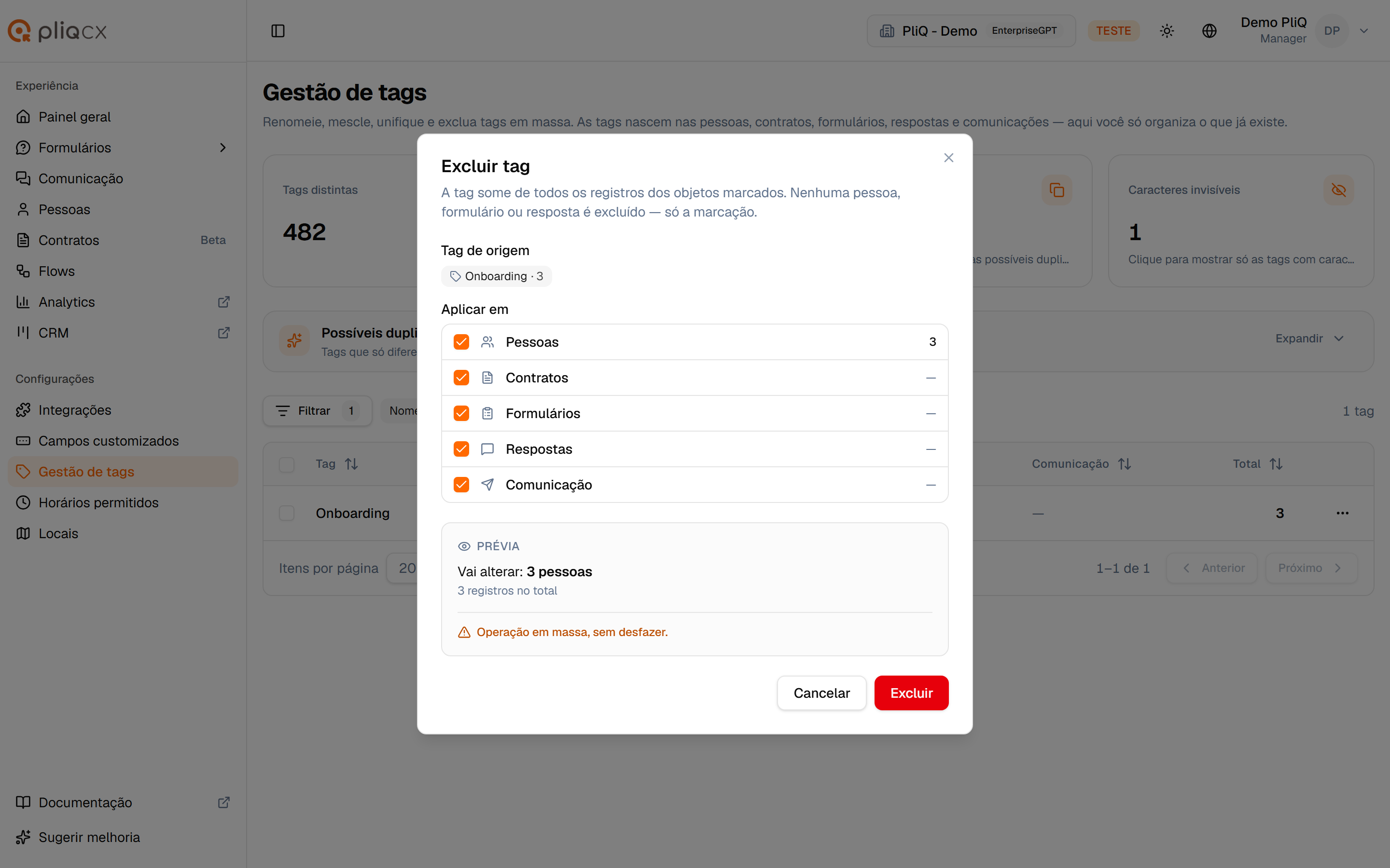 Janela Excluir tag com os objetos, a prévia e o botão vermelho Excluir