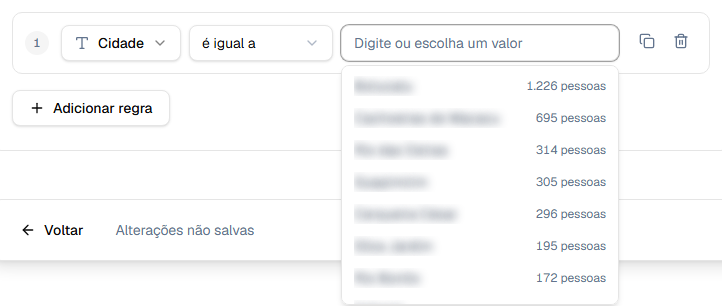 Sugestão de valores existentes com a contagem de pessoas