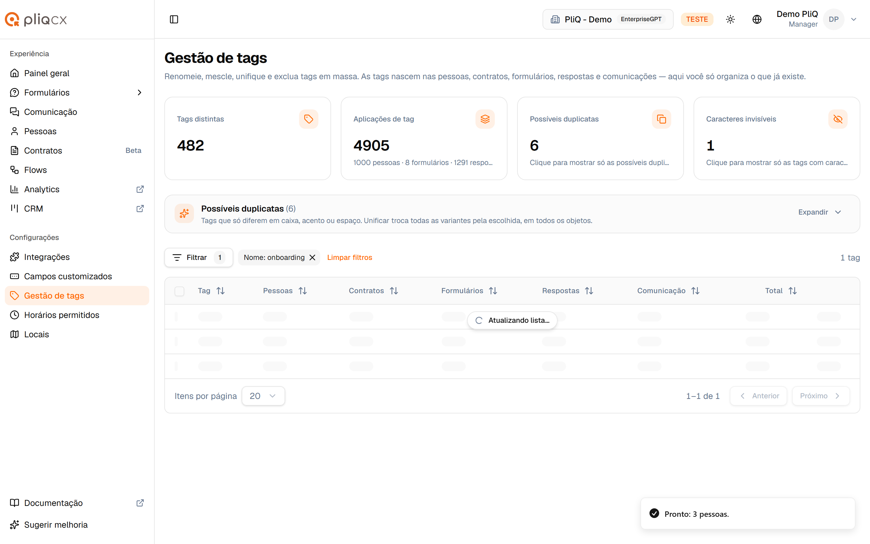 Aviso Pronto: 3 pessoas no canto da tela e a lista com Atualizando lista…