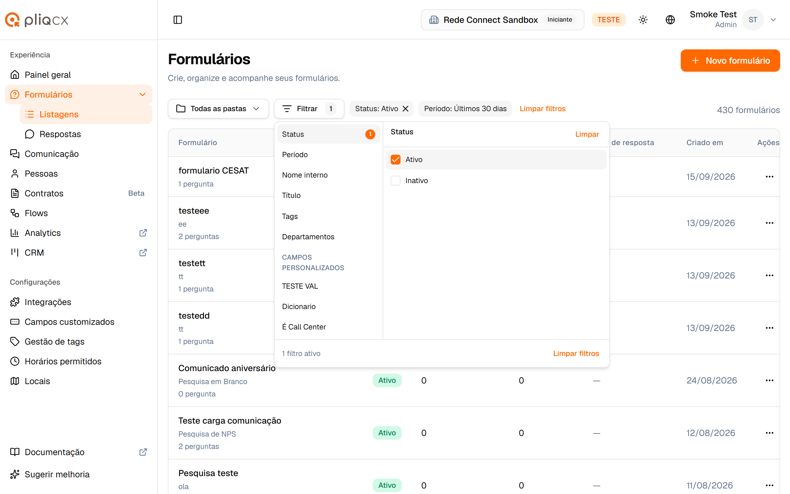 Painel Filtrar aberto na categoria Status, com Ativo marcado
