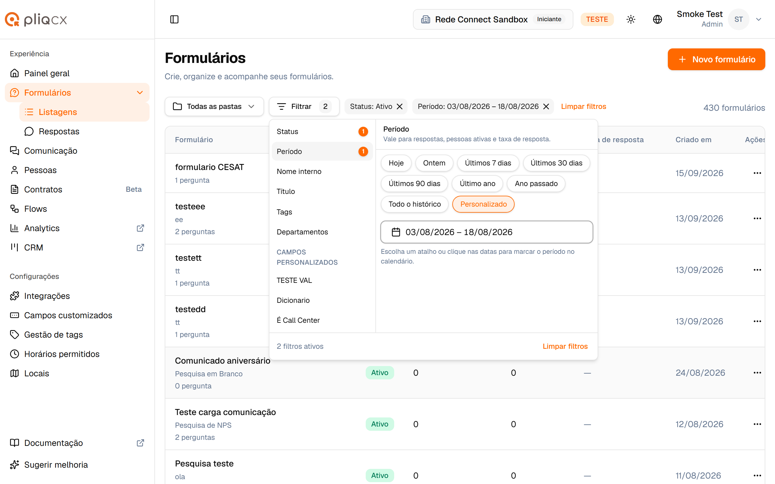 Período personalizado aplicado, com a etiqueta mostrando as datas