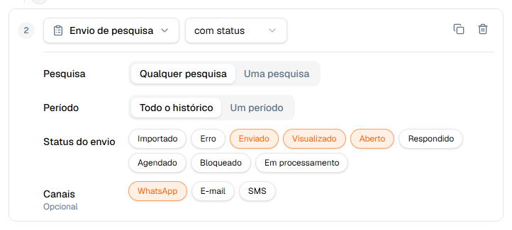 Regra de envio de pesquisa por status e canal