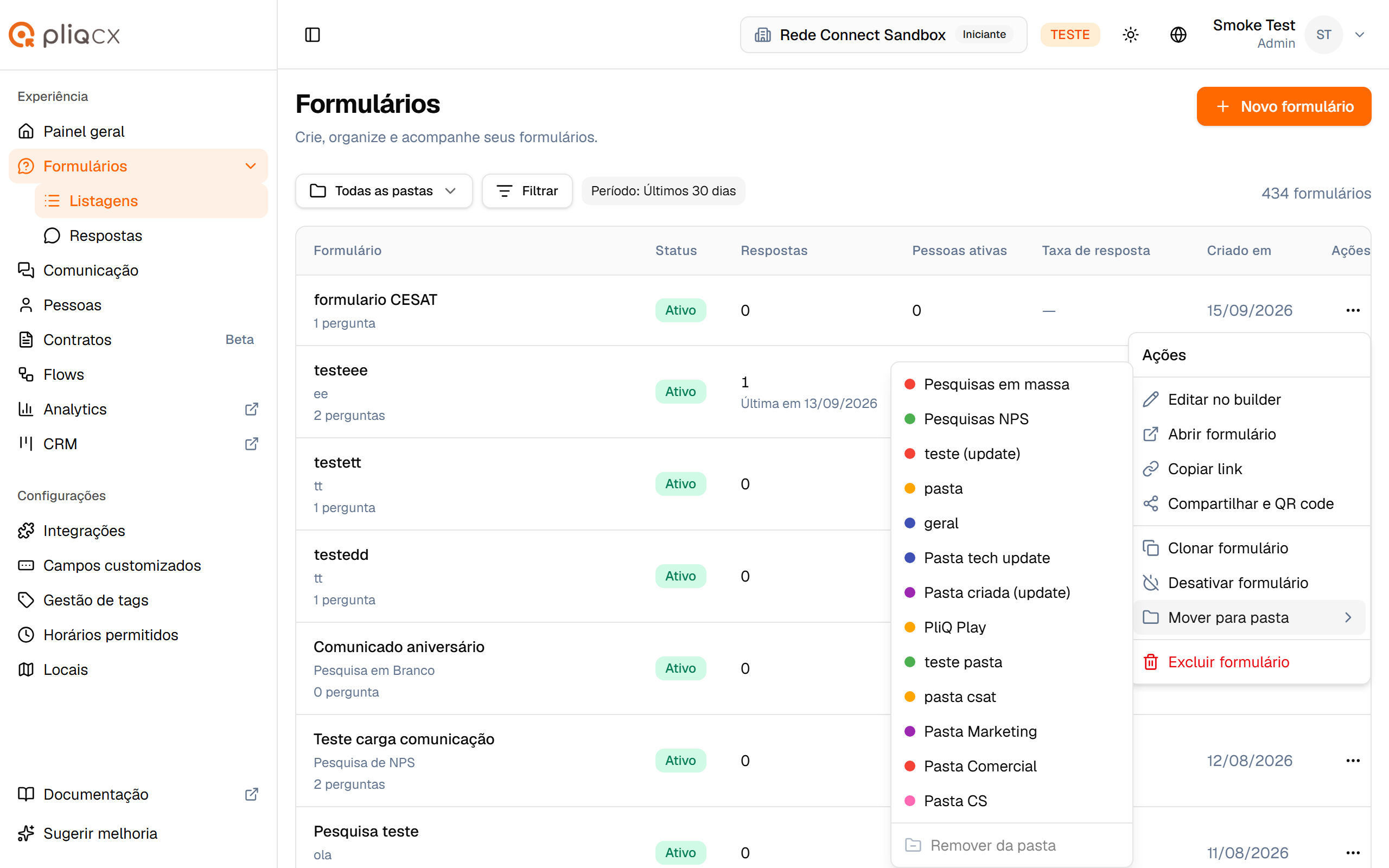 Submenu Mover para pasta com a lista de pastas