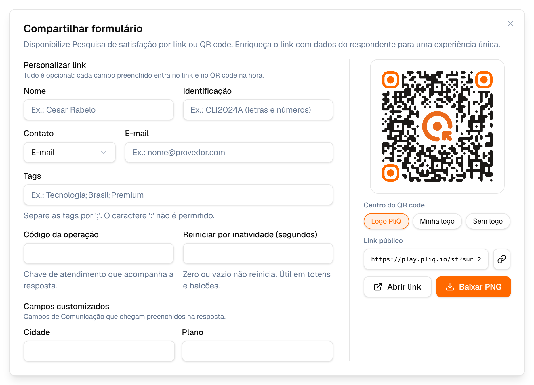 Janela Compartilhar formulário, com o QR code e o link público