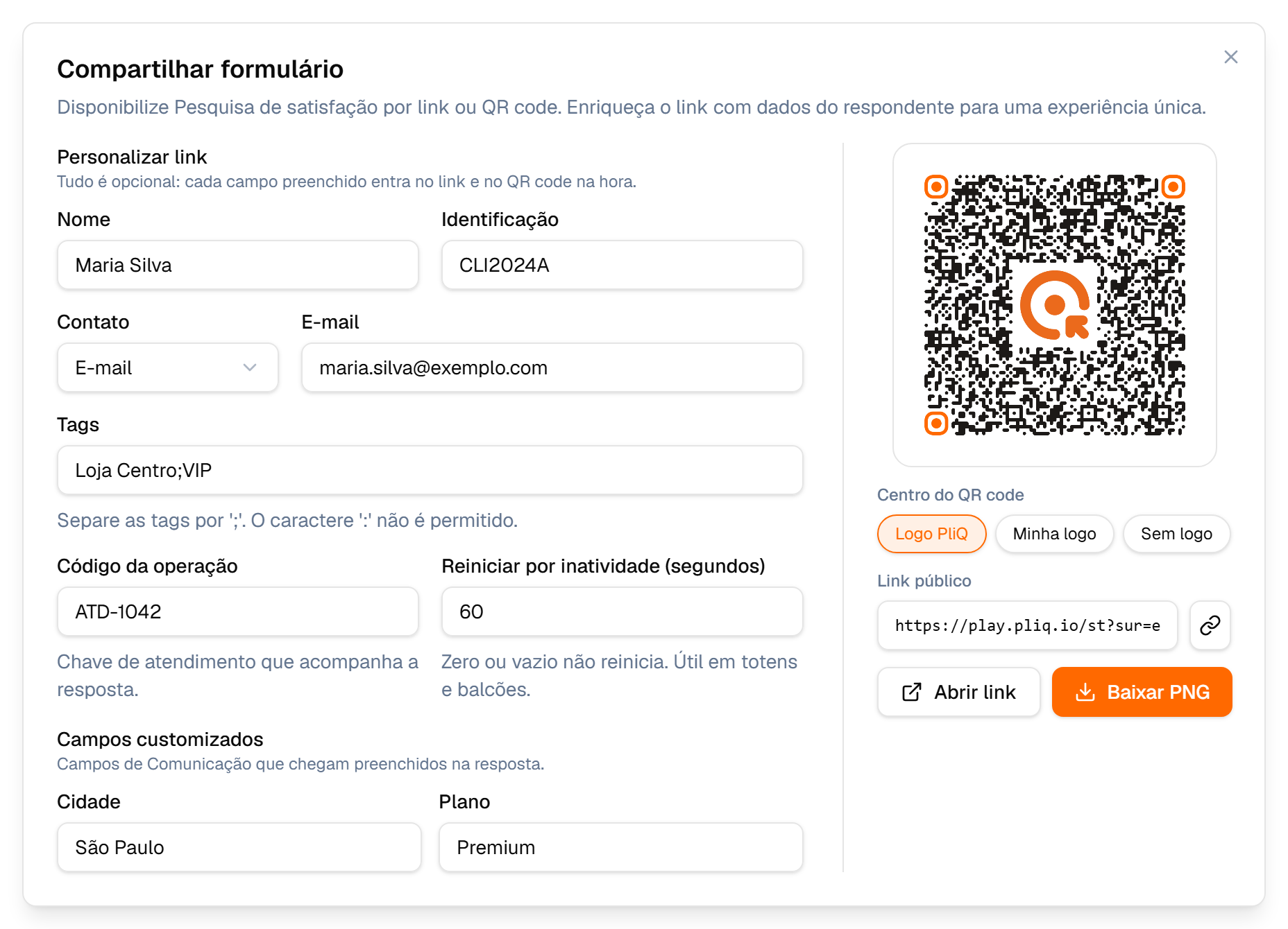 Janela Compartilhar com nome, identificação, e-mail, tags, código da operação, inatividade e campos customizados preenchidos