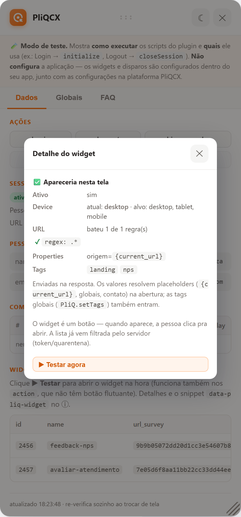 Detalhe do widget mostrando regras avaliadas