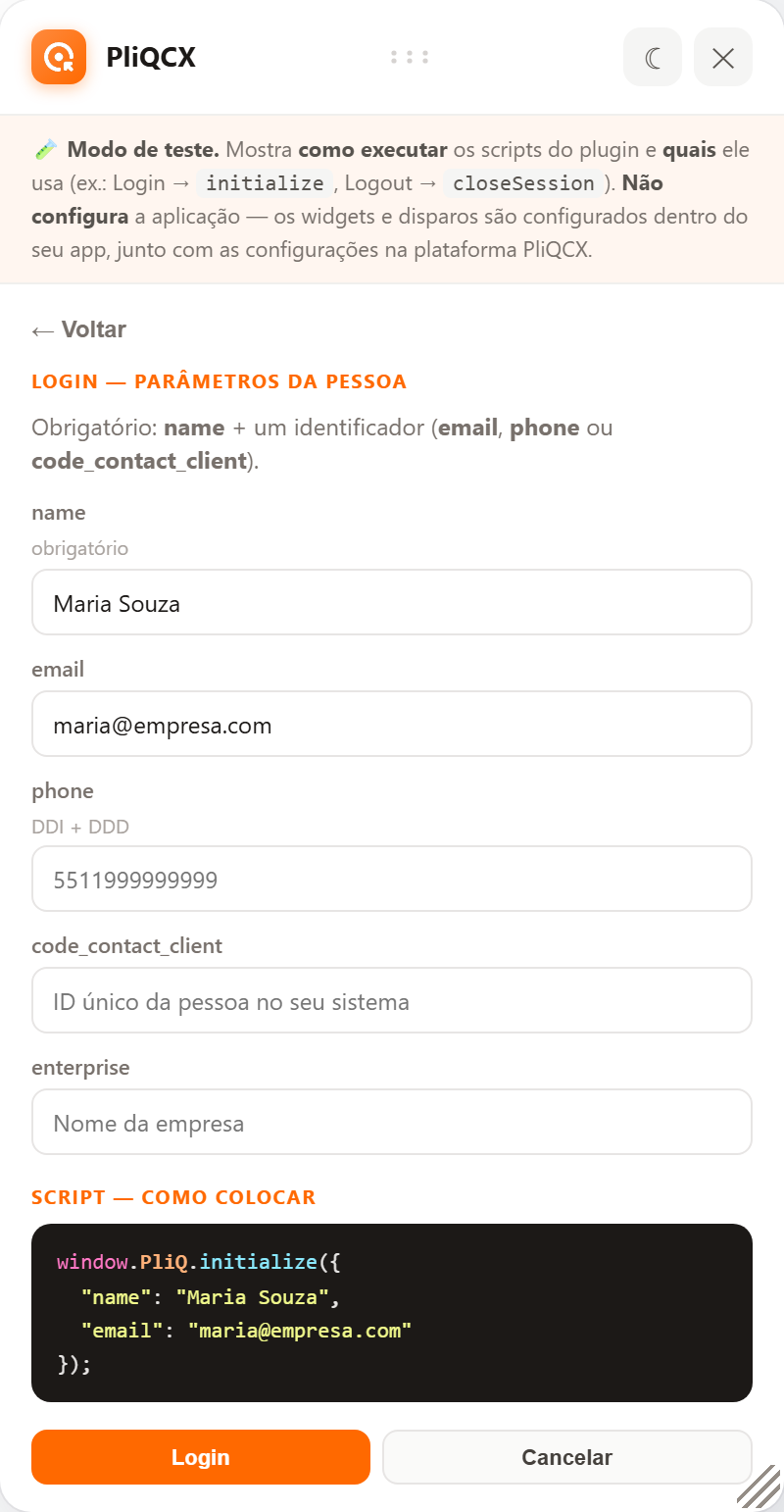 Formulário de login com preview do script