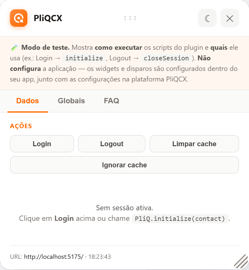 Painel de debug sem sessão ativa