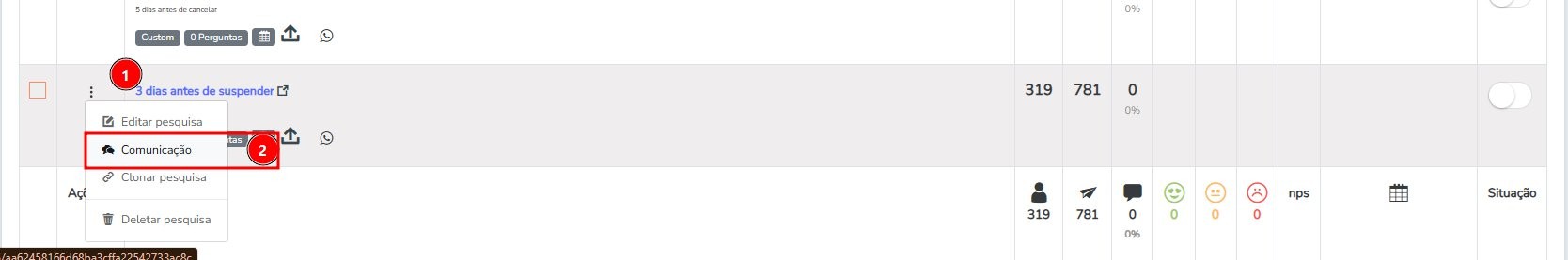 Menu de ações da pesquisa com a opção Comunicação