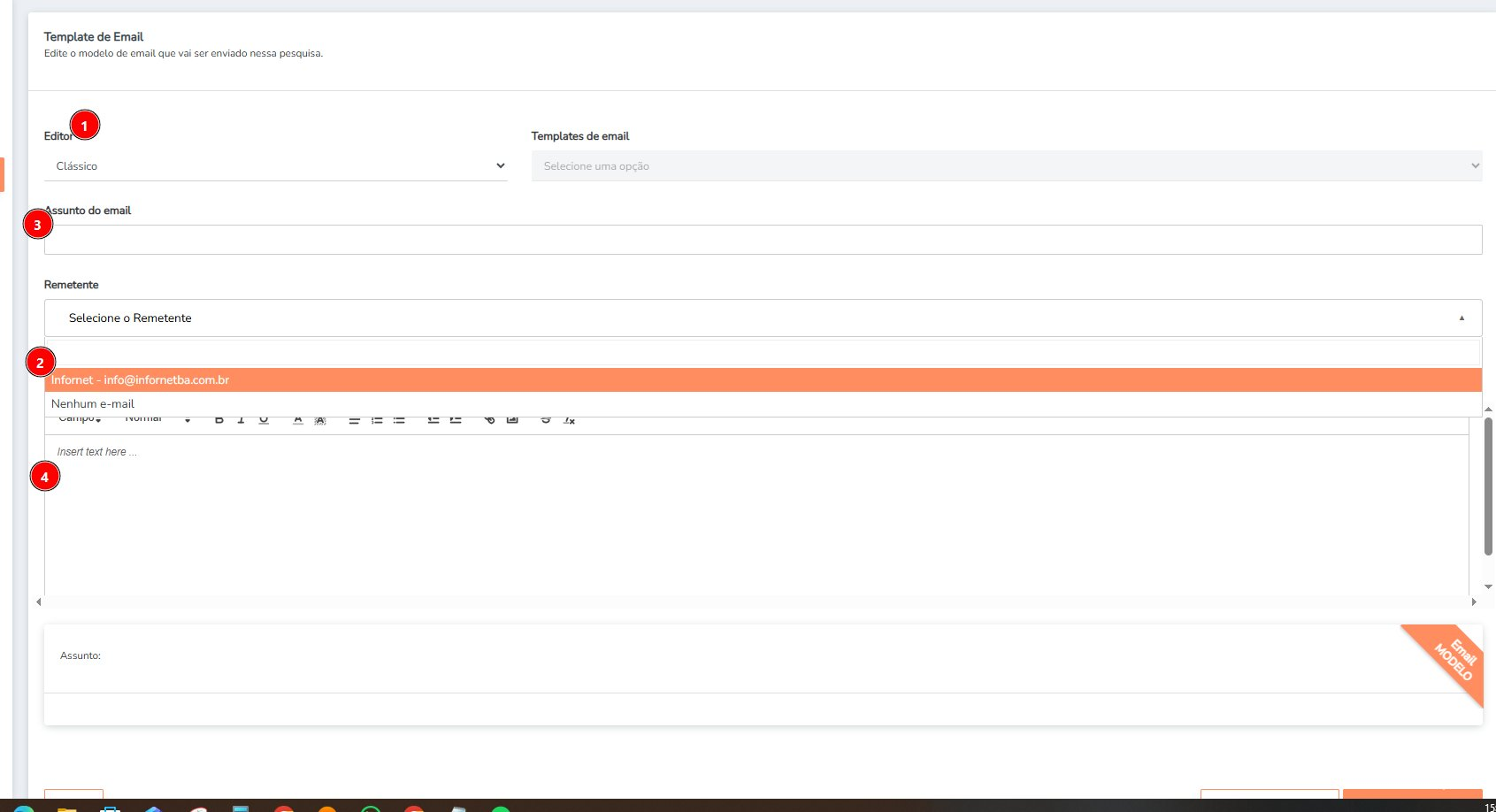Campos de configuração do template de e-mail