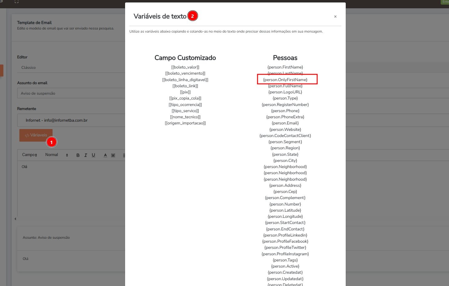 Modal de variáveis de texto