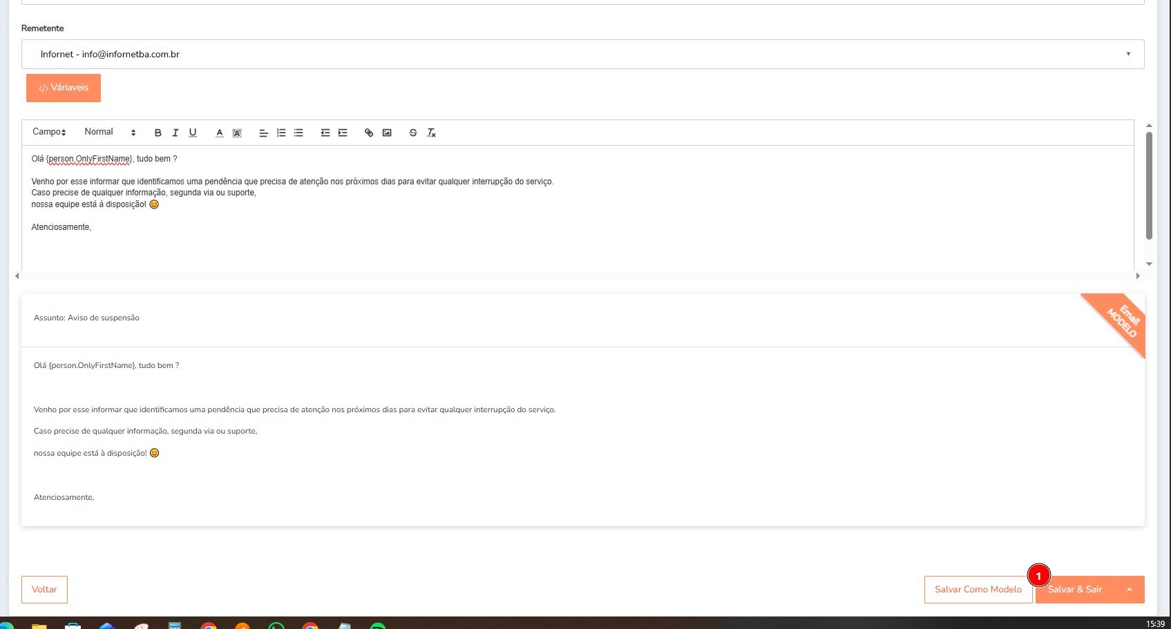 Prévia do e-mail e botão Salvar &amp; Sair