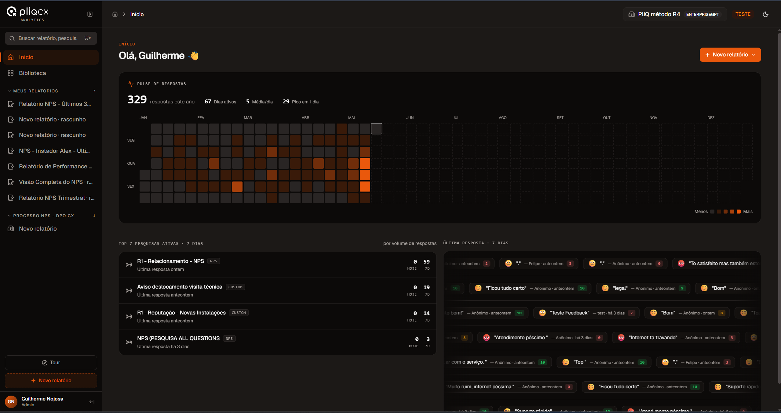 Tela inicial com heatmap e últimas respostas