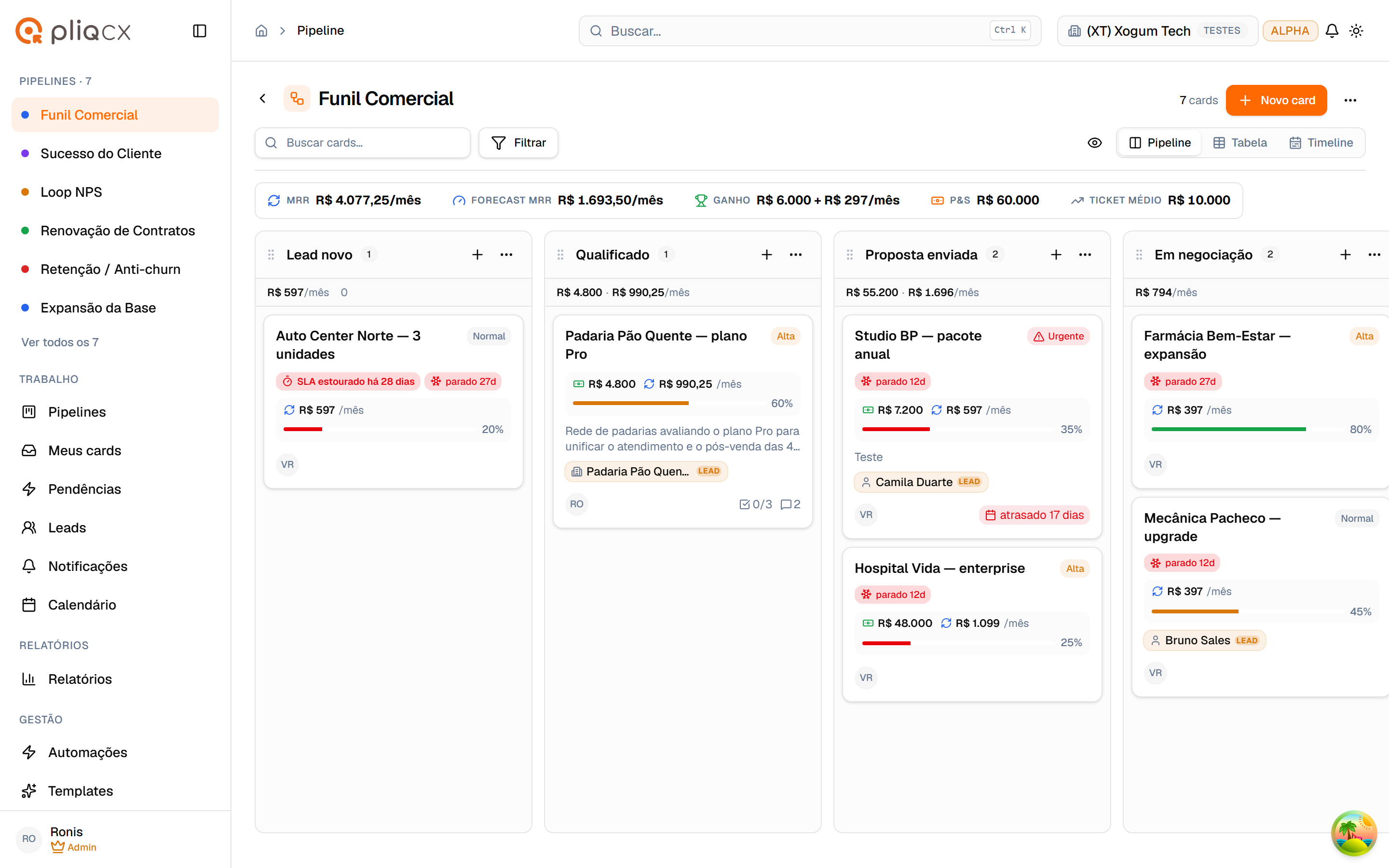 Pipeline em kanban