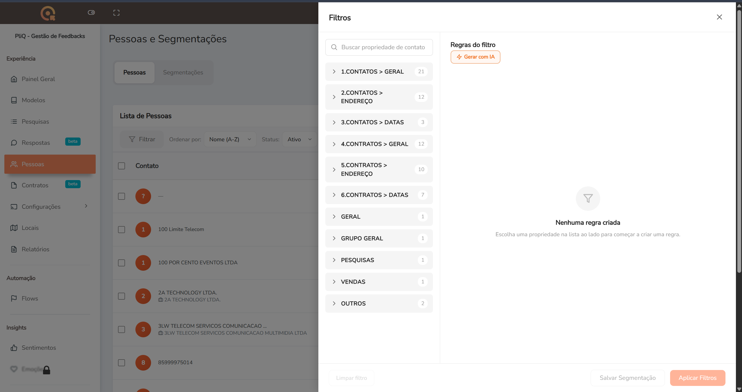 Painel de filtros com as categorias de propriedades disponíveis