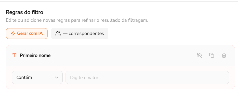 Detalhe da regra de filtro configurada com operador e campo de valor