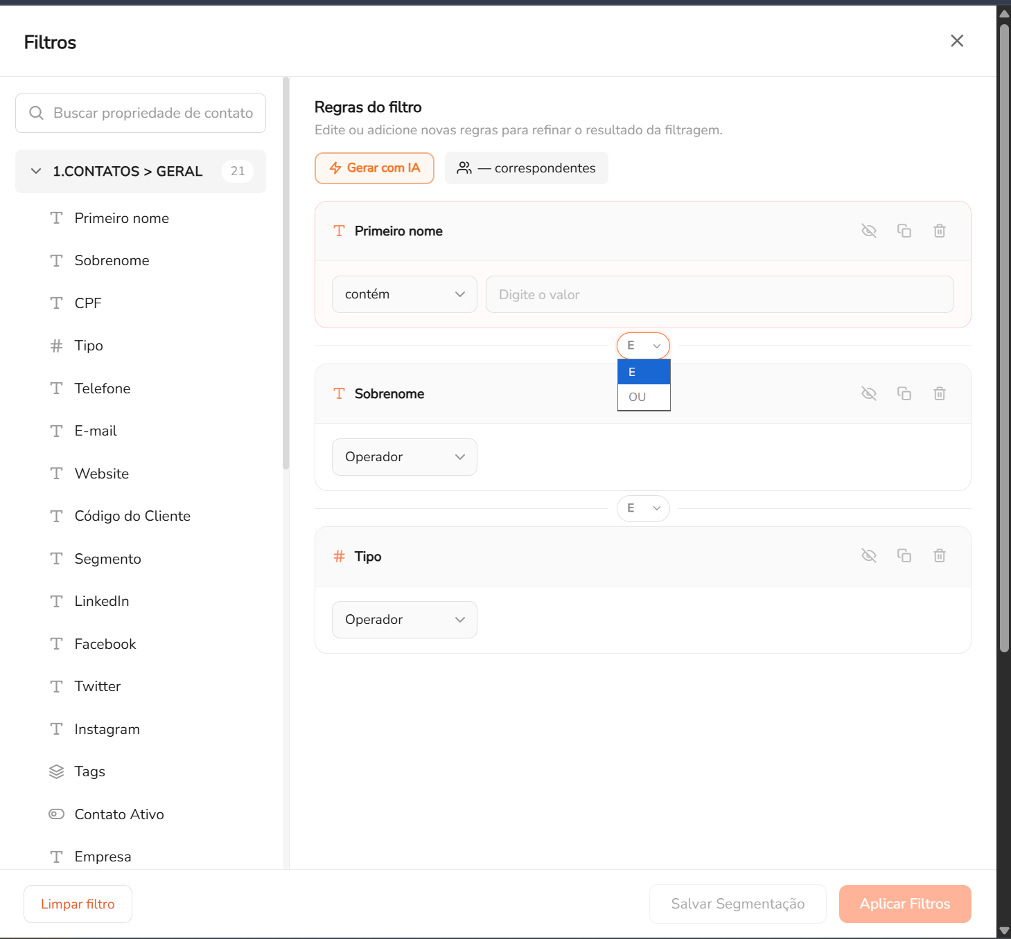 Múltiplas regras combinadas com conectores lógicos E / OU