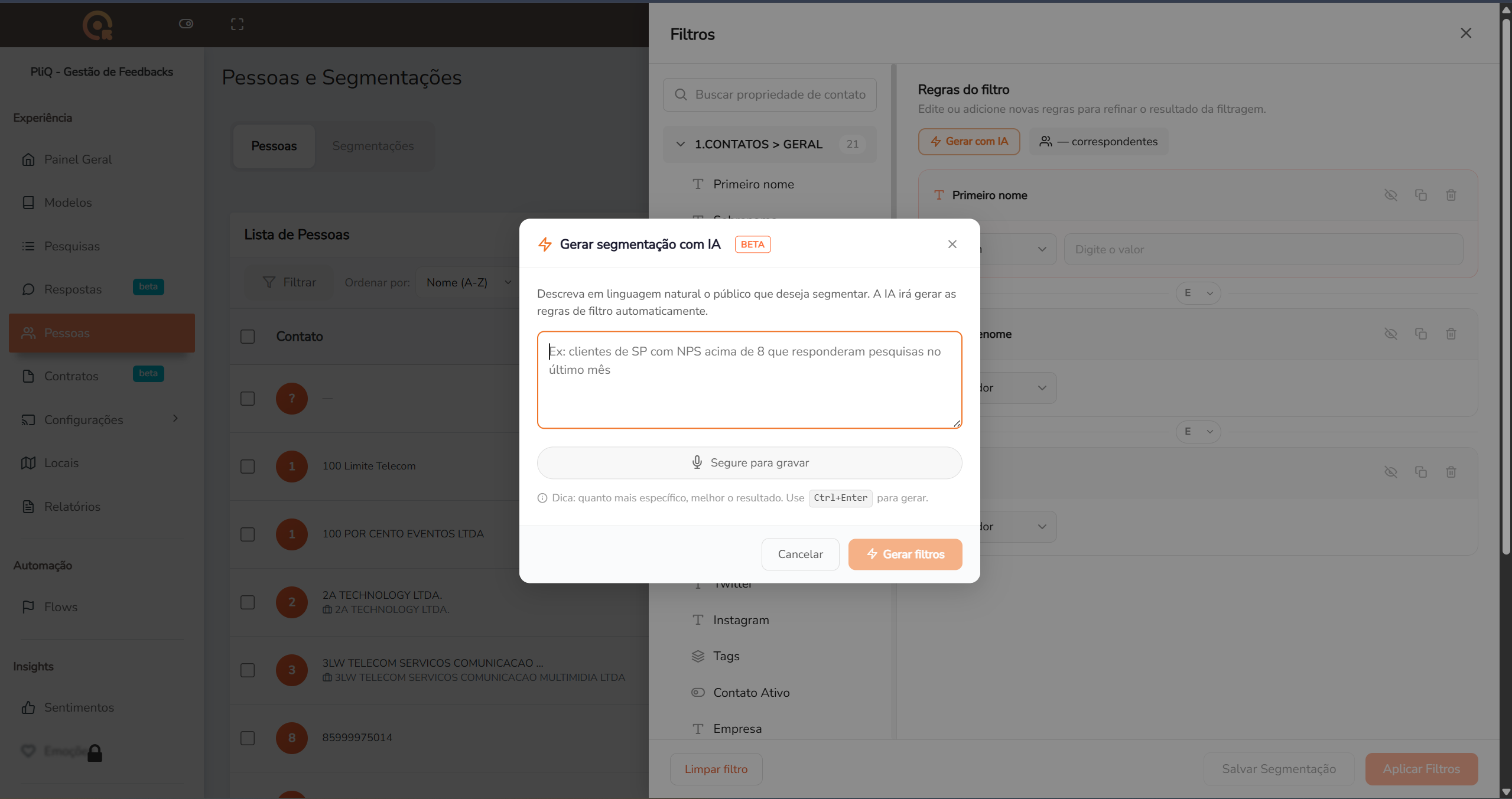 Modal Gerar segmentação com IA para criação de filtros por linguagem natural