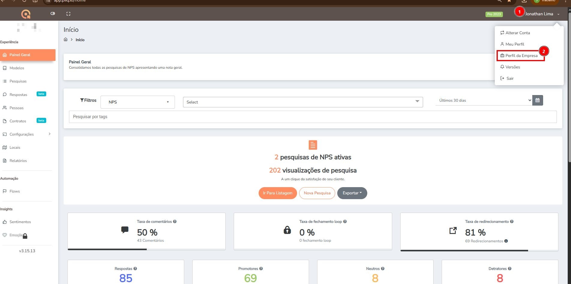 Acesse o menu do usuário e clique em "Perfil da empresa"