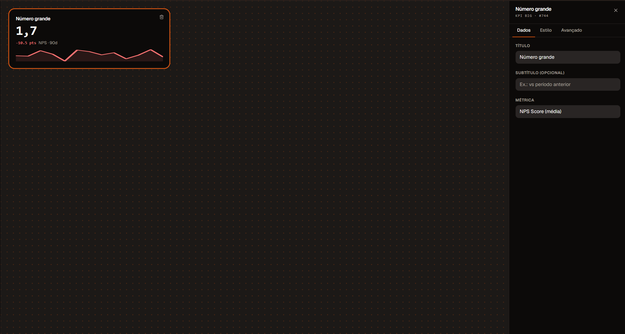 Widget Número grande selecionado com painel lateral aberto
