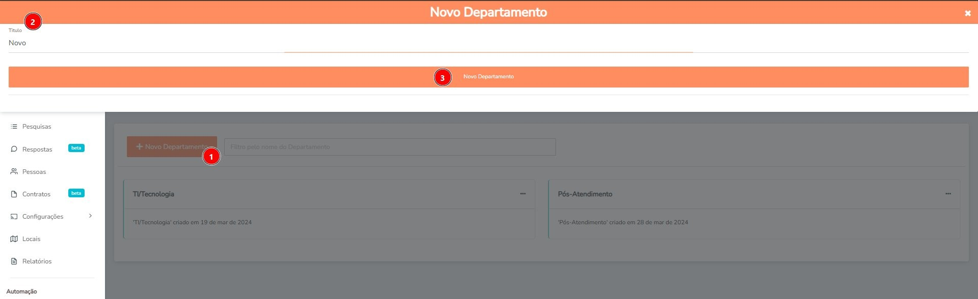 Janela de criação de novo departamento
